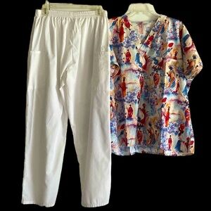SCRUBS Women’s African Women Scrub Set 100% Cotton & Cherokee White Pants Large